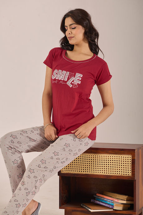 Sweet Moon Knit Cotton Pyjama Set - Grey Reddishmaroon — image 4